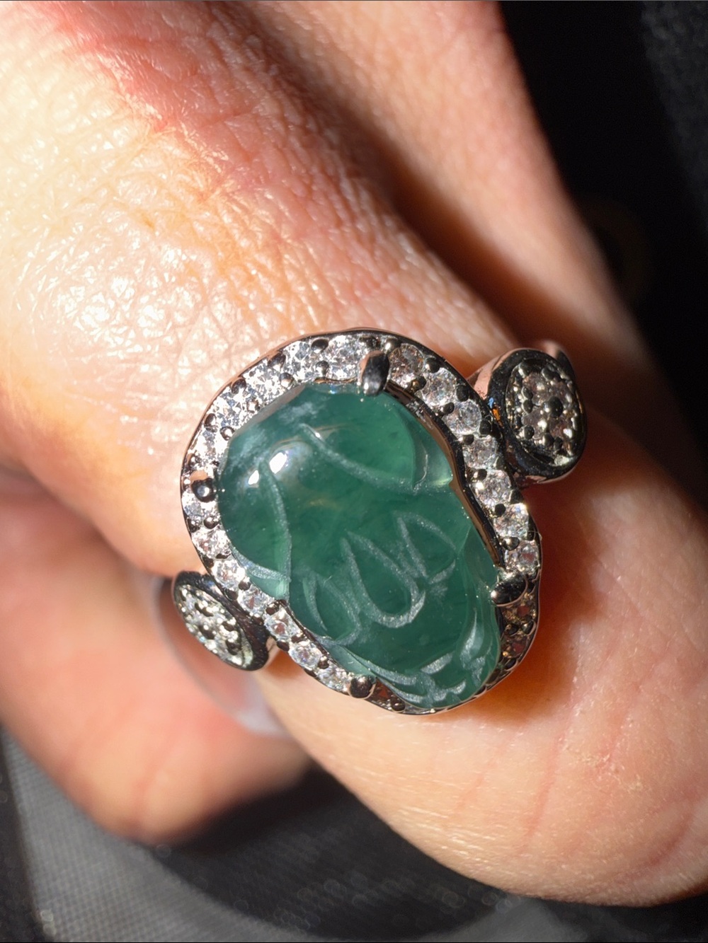 Green Jadeite Pixi Carved Ring with Halo Accents
